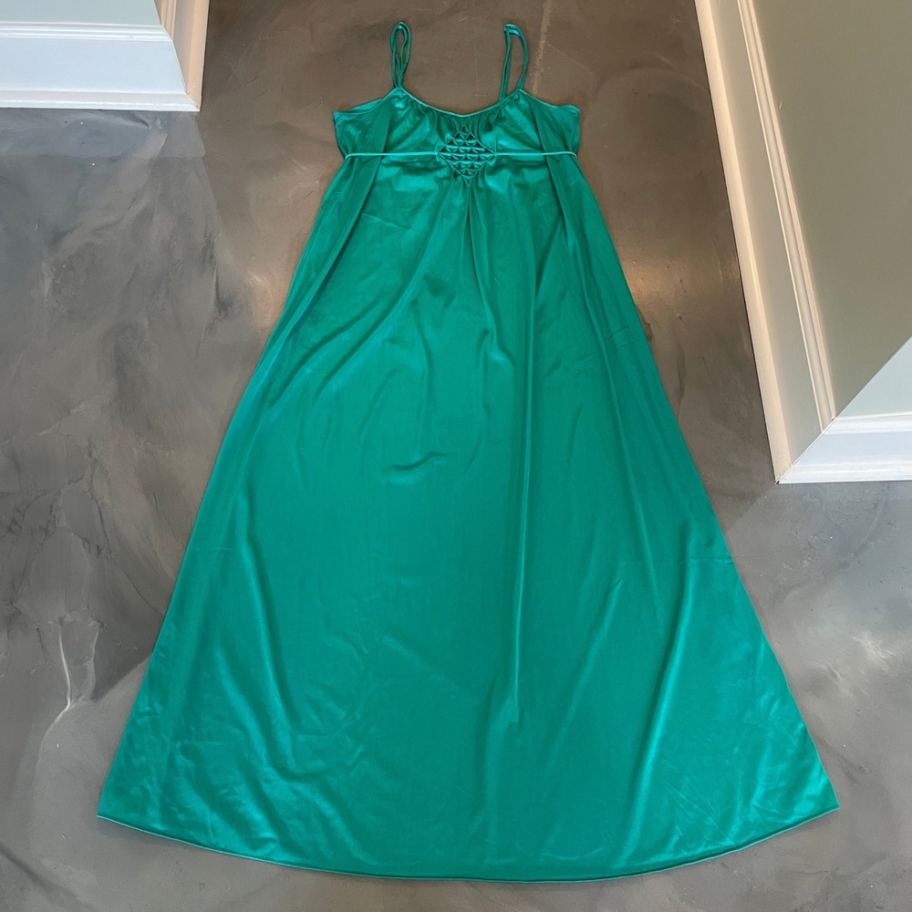 VTG Kayser Emerald Green Maxi Nightgown Slip Dress Tie Back Size Small Smocked